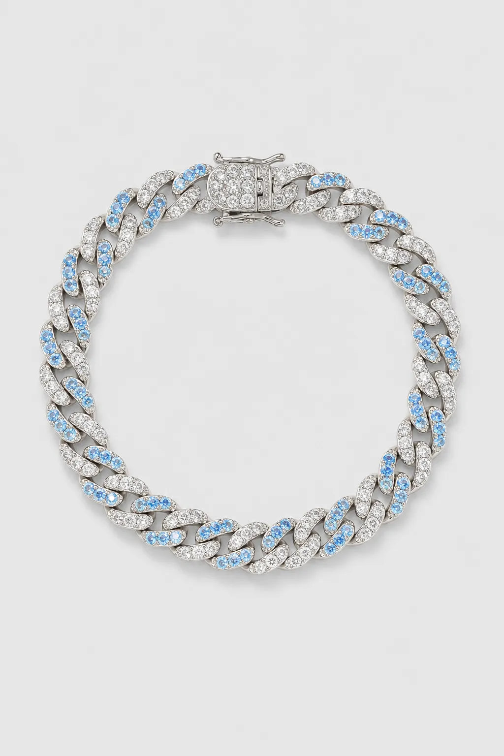 Blue Cuban Link Bracelet — presentation — silver-tone with blue accents