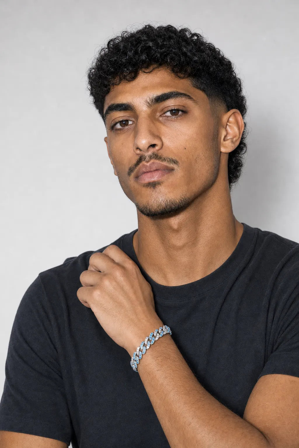 Blue Cuban Link Bracelet — worn — silver-tone with blue accents