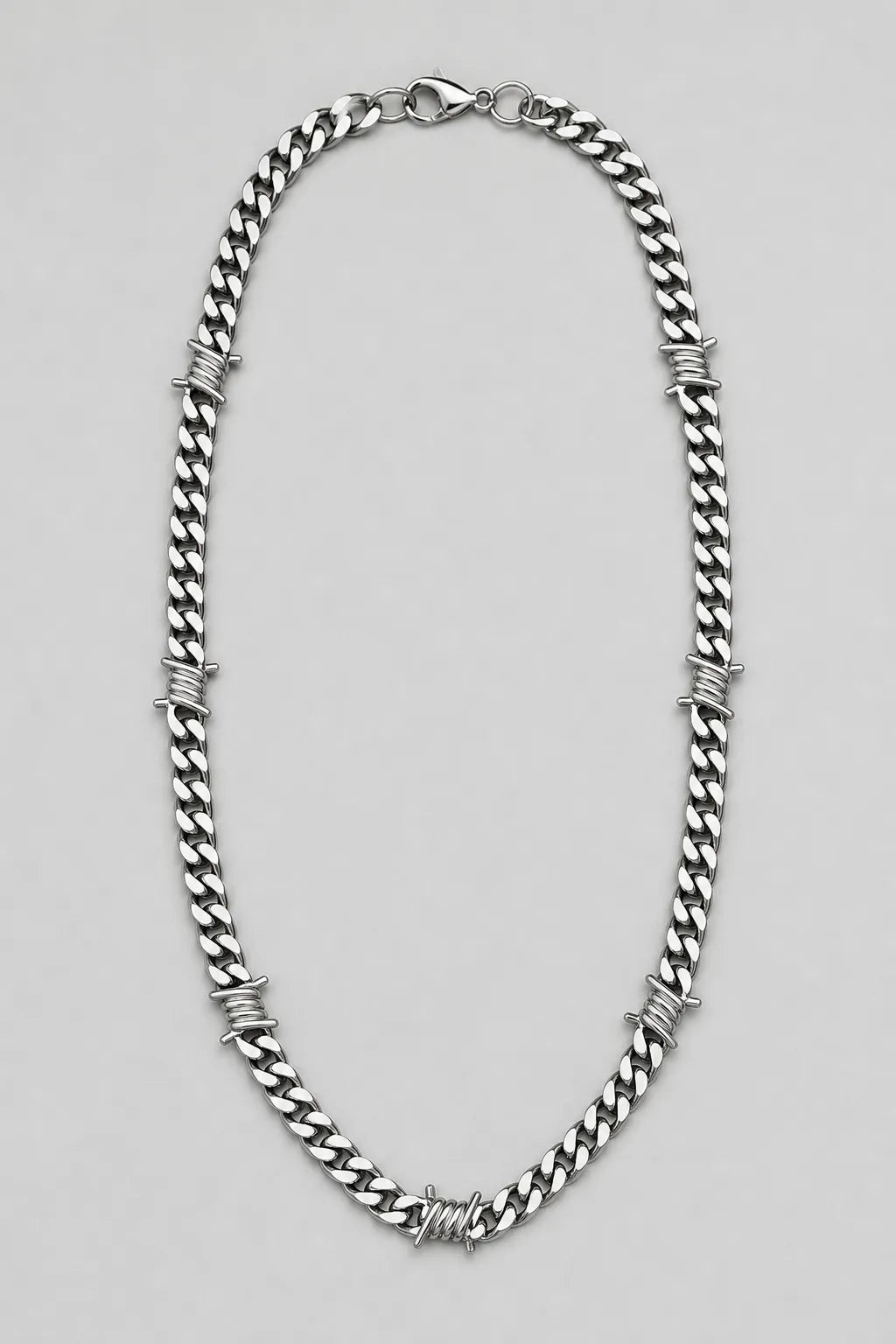 Barbed Wire Cuban Link Chain - Silver-tone Necklace — presentation — silver-tone