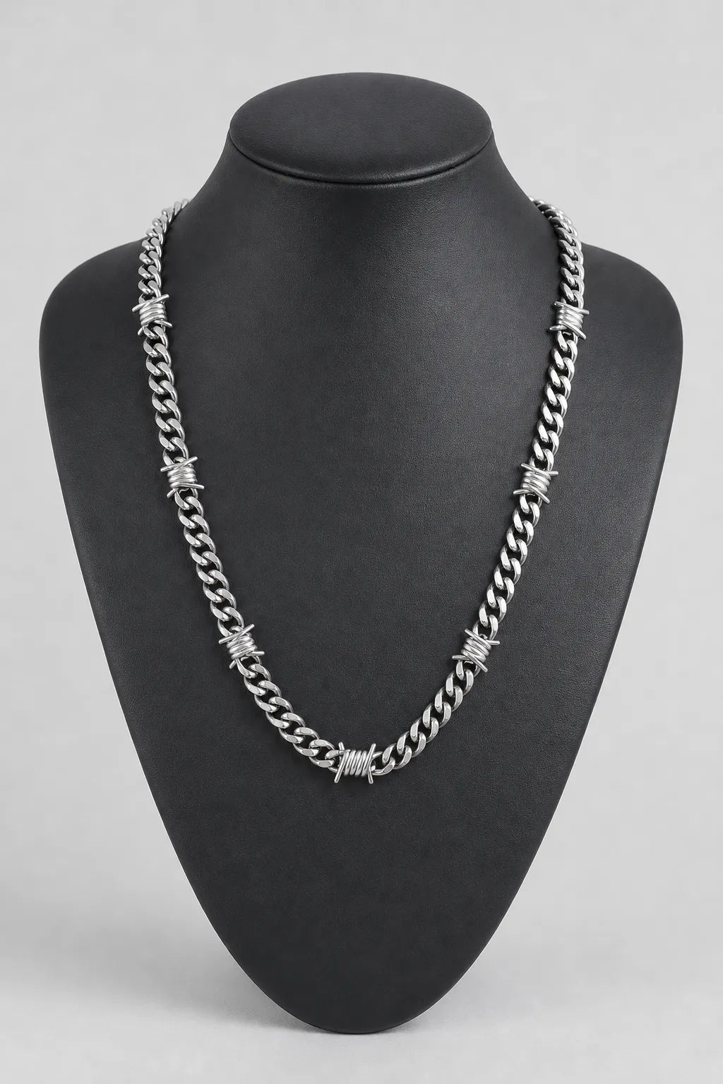 Barbed Wire Cuban Link Chain - Silver-tone Necklace — stand — silver-tone