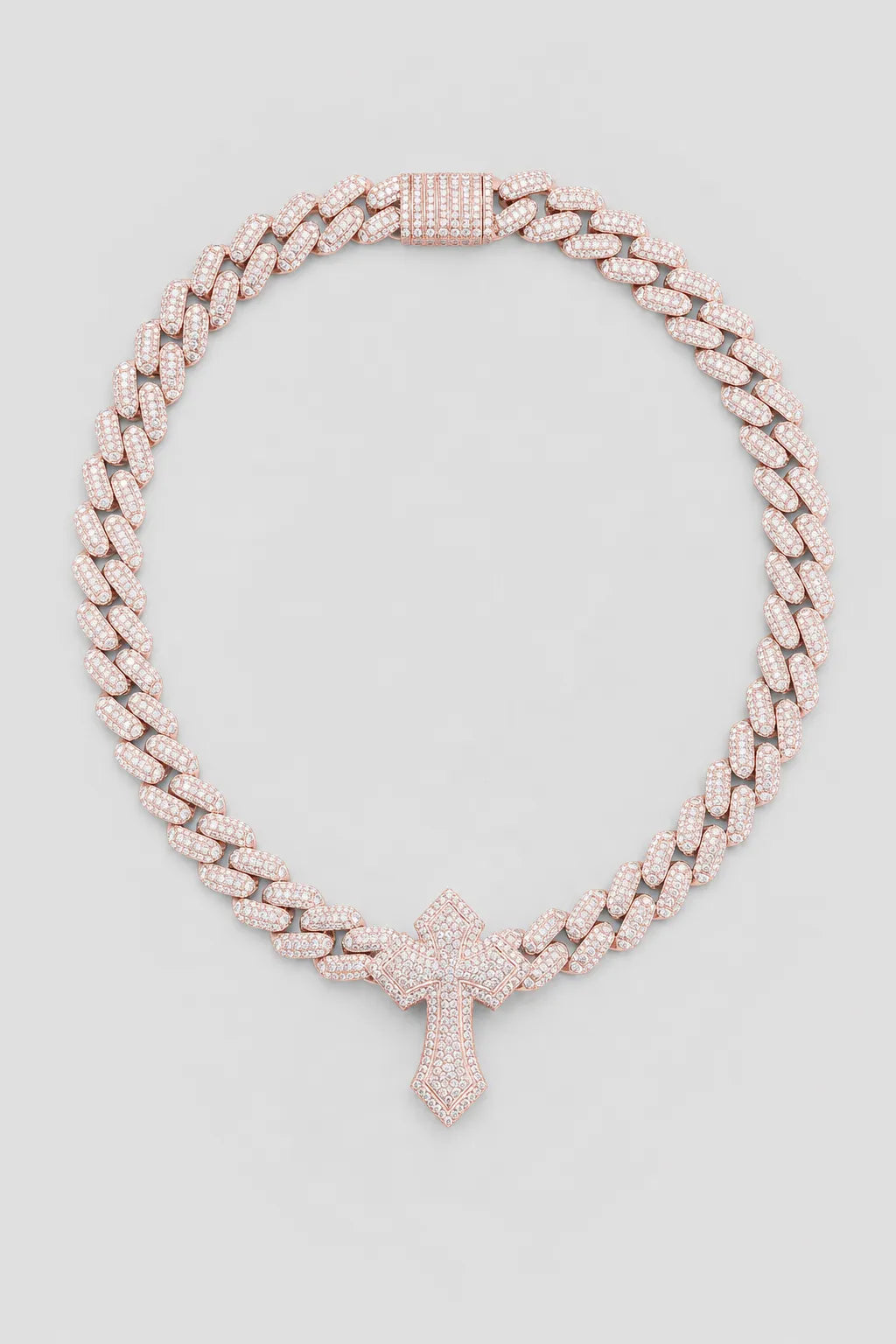 Cuban link chain with cross pendant — presentation — silver-tone, gold-tone, silver-pink (options)