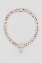 Cuban link chain with cross pendant — presentation — silver-tone, gold-tone, silver-pink (options)