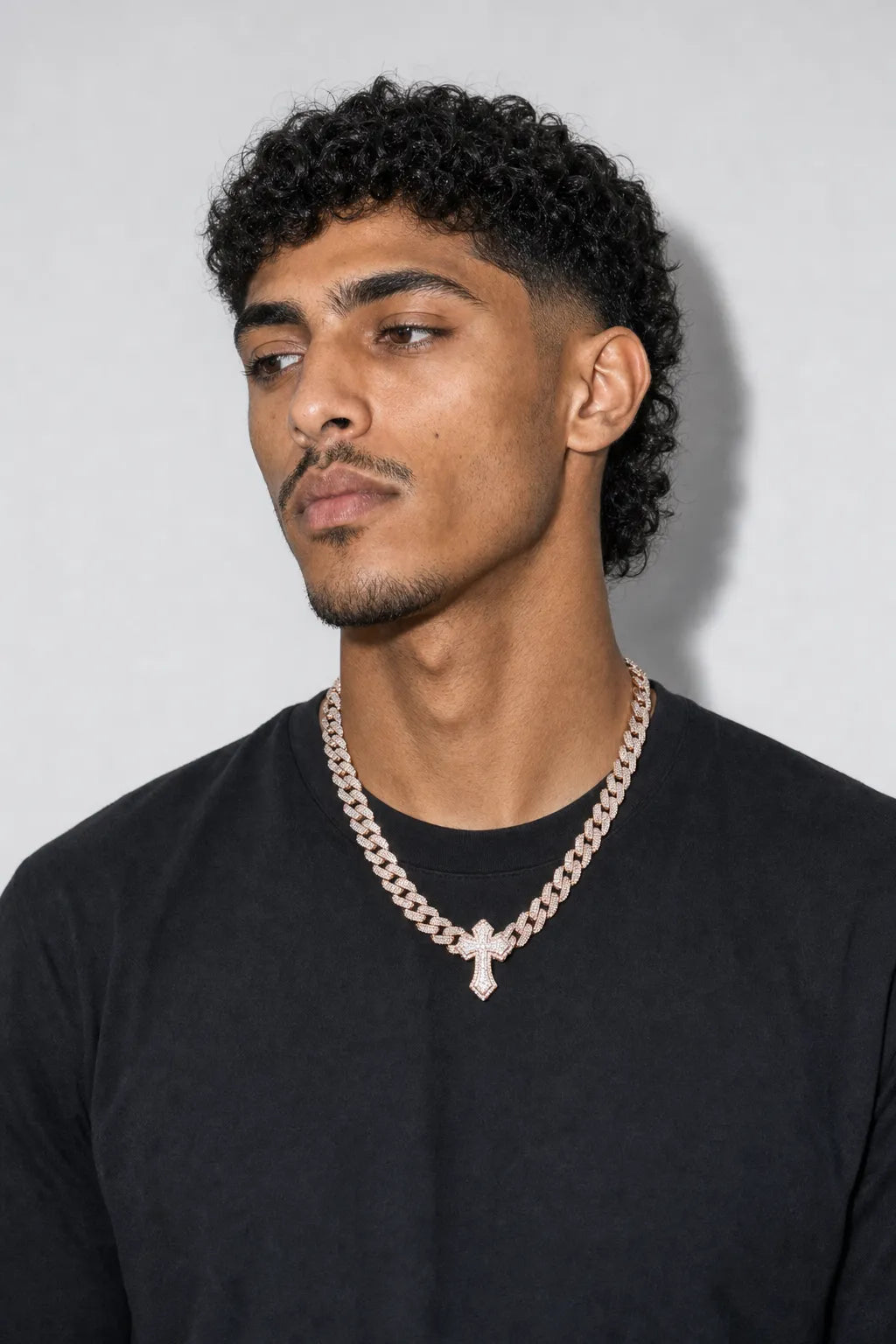 Cuban link chain with cross pendant — worn — silver-tone, gold-tone, silver-pink (options)