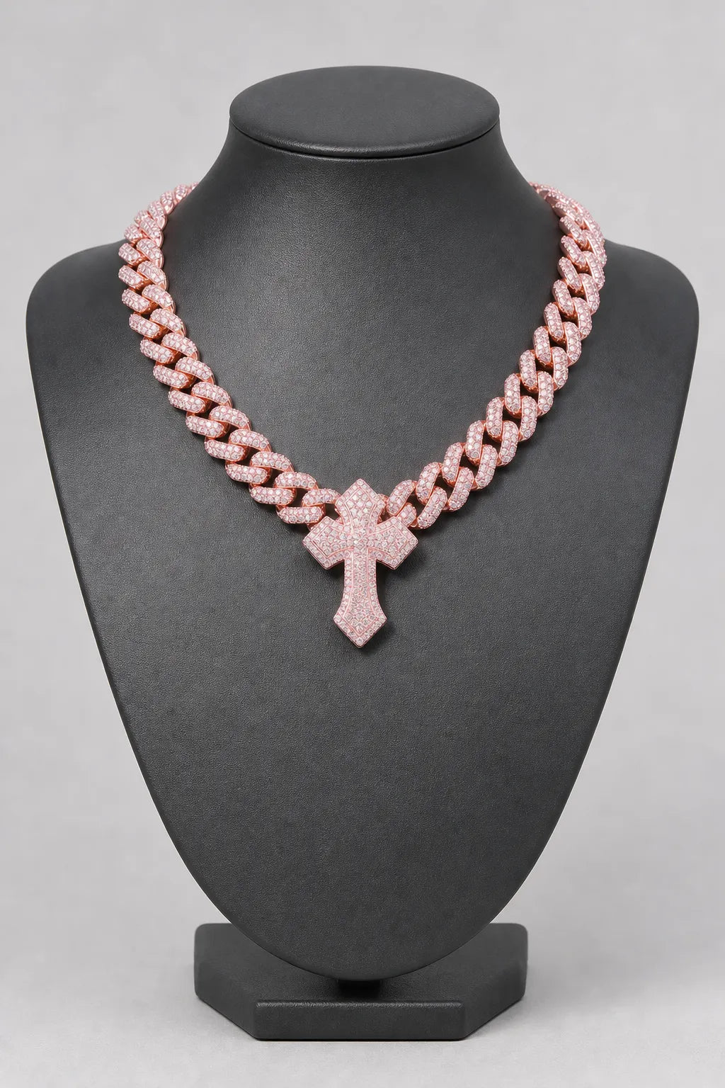 Cuban link chain with cross pendant — stand — silver-tone, gold-tone, silver-pink (options)