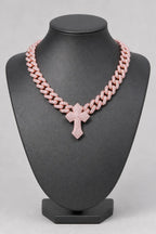 Cuban link chain with cross pendant — stand — silver-tone, gold-tone, silver-pink (options)