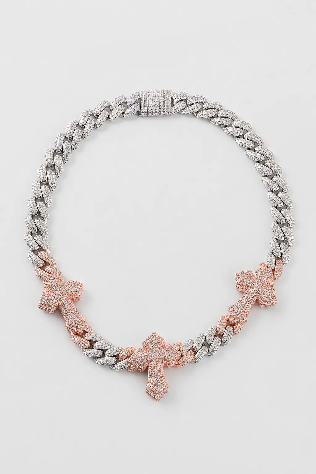 Cuban link chain with cross pendant — variant — silver-pink (rose accents on crosses)