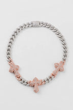Cuban link chain with cross pendant — variant — silver-pink (rose accents on crosses)