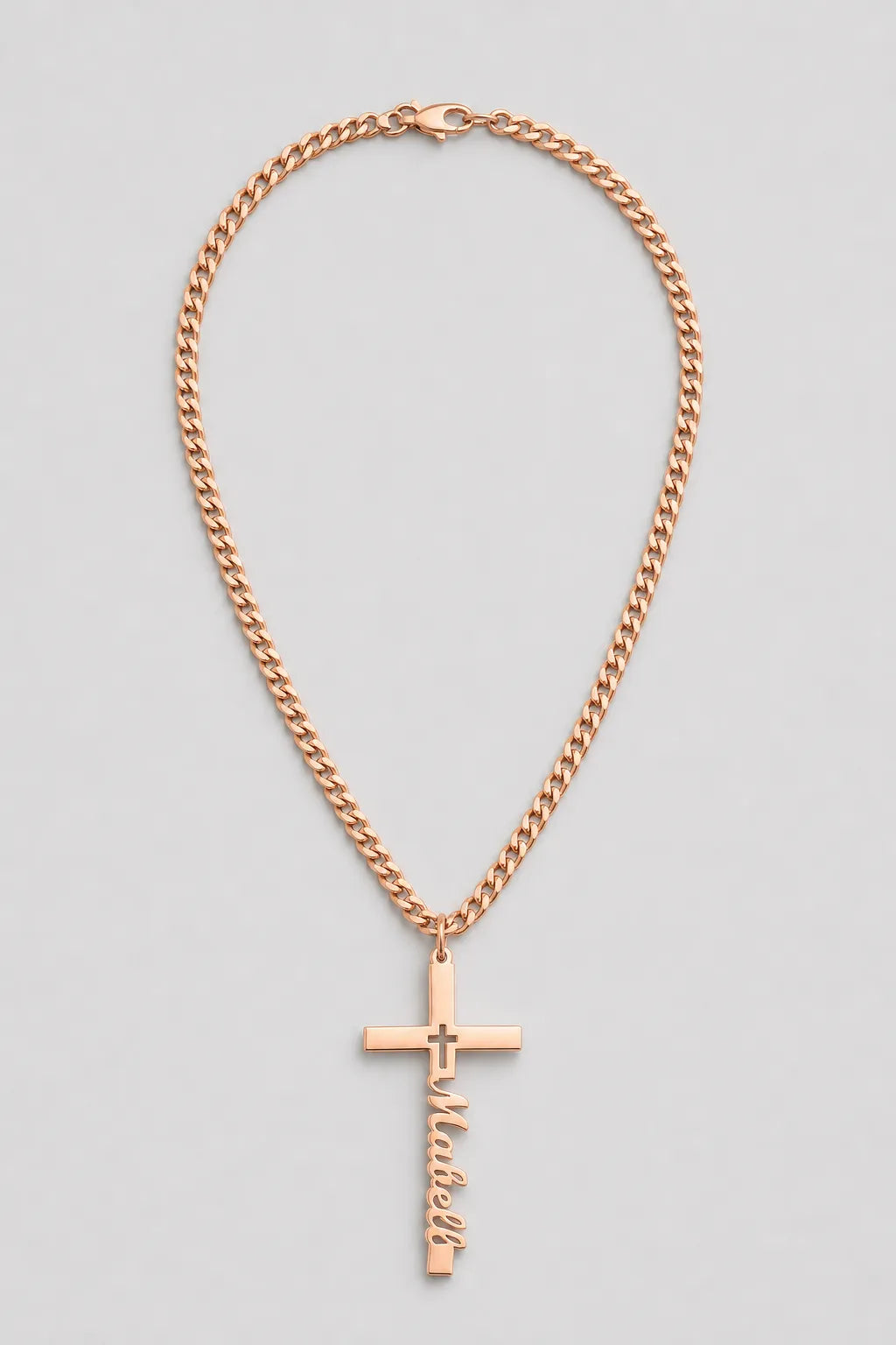 Cuban Link Chain with Engraved Cross Pendant — presentation — rose gold-tone