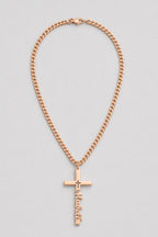Cuban Link Chain with Engraved Cross Pendant — presentation — rose gold-tone