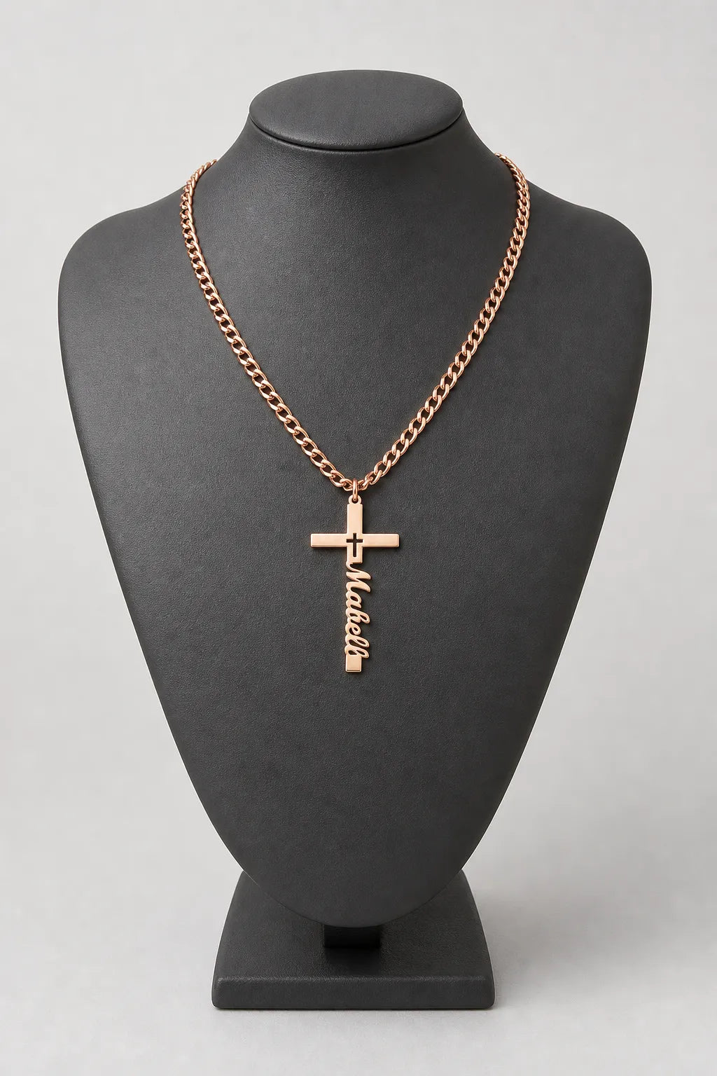 Cuban Link Chain with Engraved Cross Pendant — stand — rose gold-tone