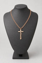 Cuban Link Chain with Engraved Cross Pendant — stand — rose gold-tone