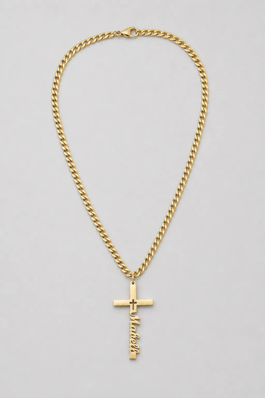 Cuban Link Chain with Engraved Cross Pendant — variant — gold-tone