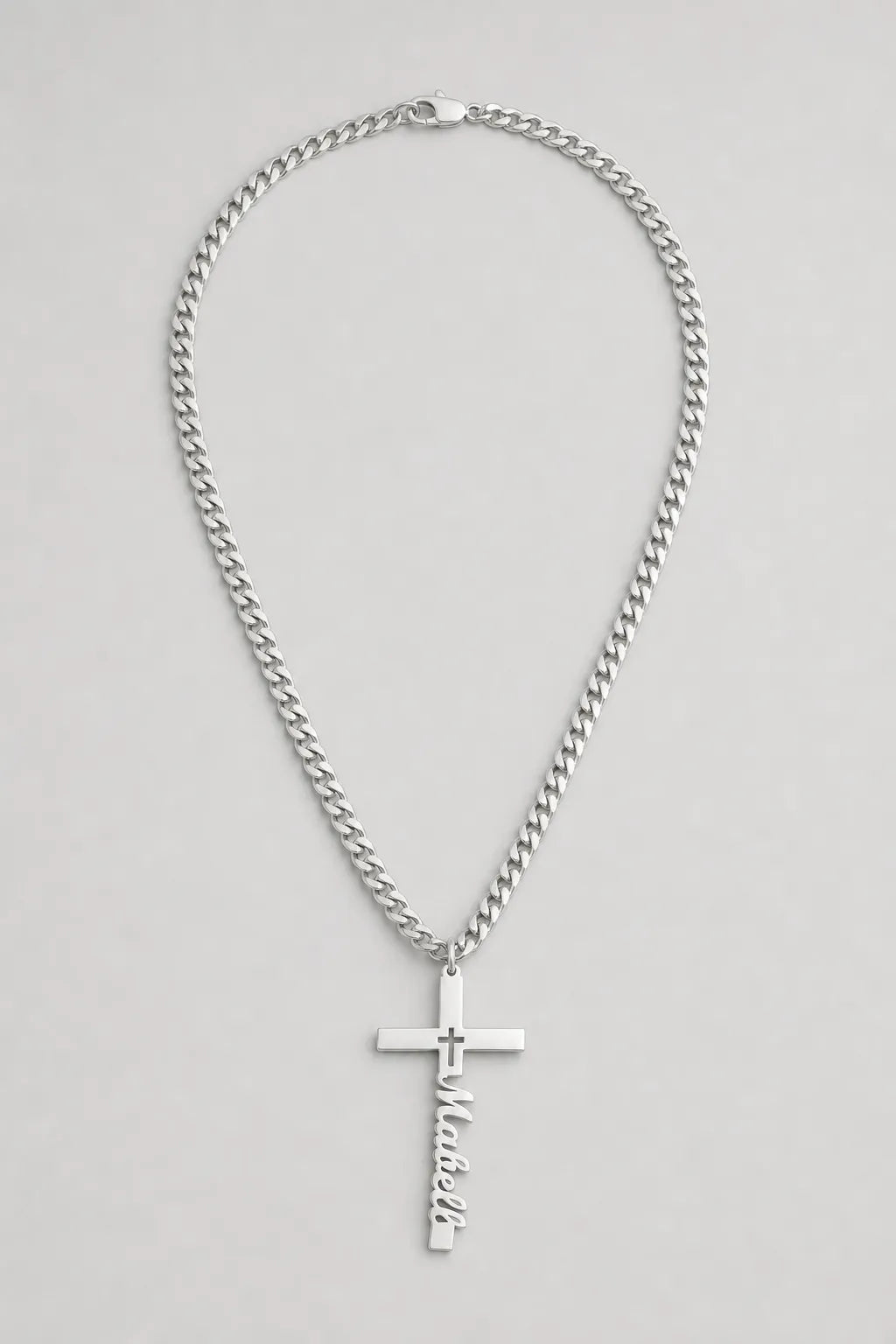 Cuban Link Chain with Engraved Cross Pendant — variant — silver-tone