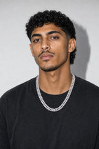 Iced Out Cuban Link Chain Choker — Gold-tone & Silver-tone — worn — Silver-tone