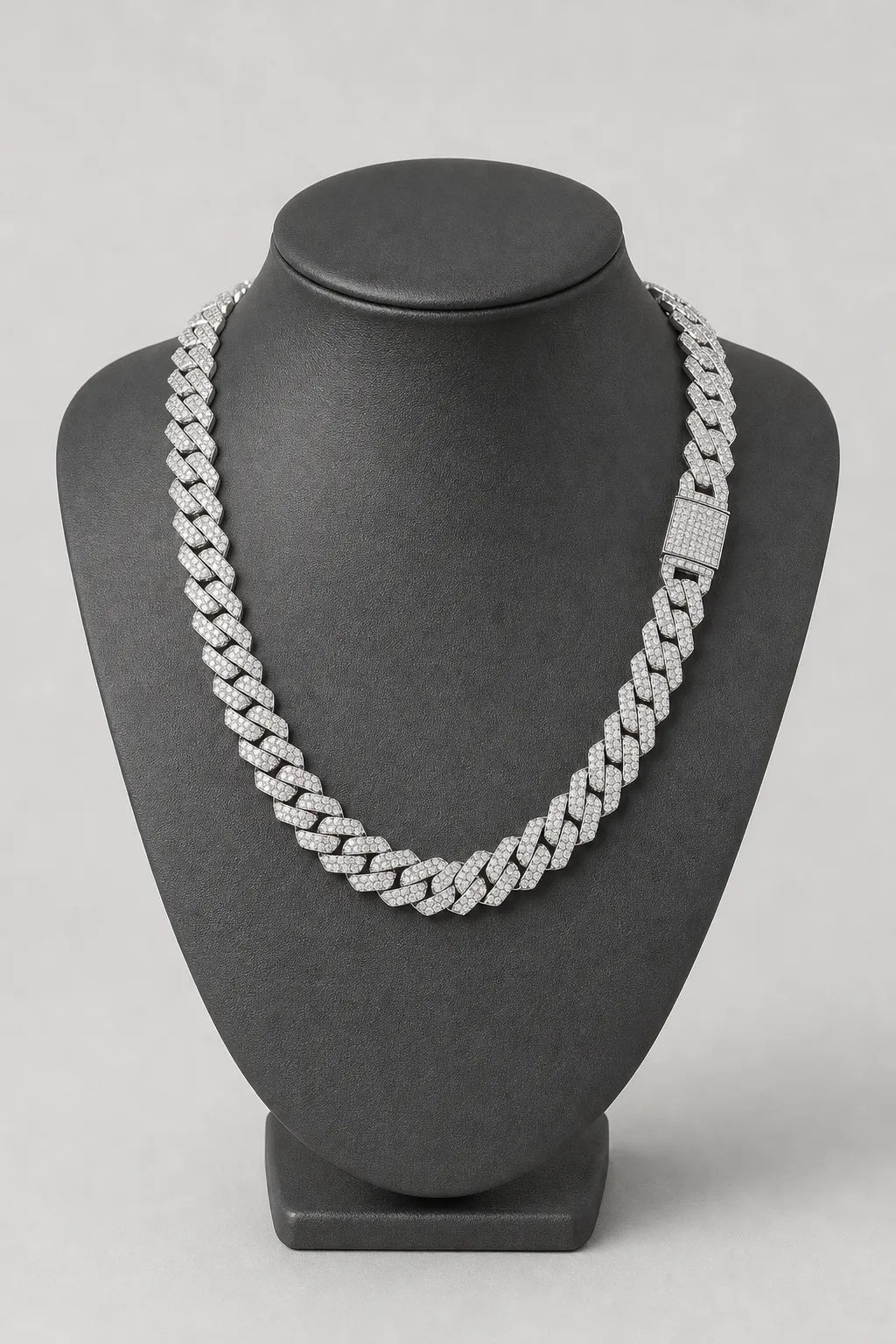 Iced Out Cuban Link Chain Choker — Gold-tone & Silver-tone — stand — Silver-tone
