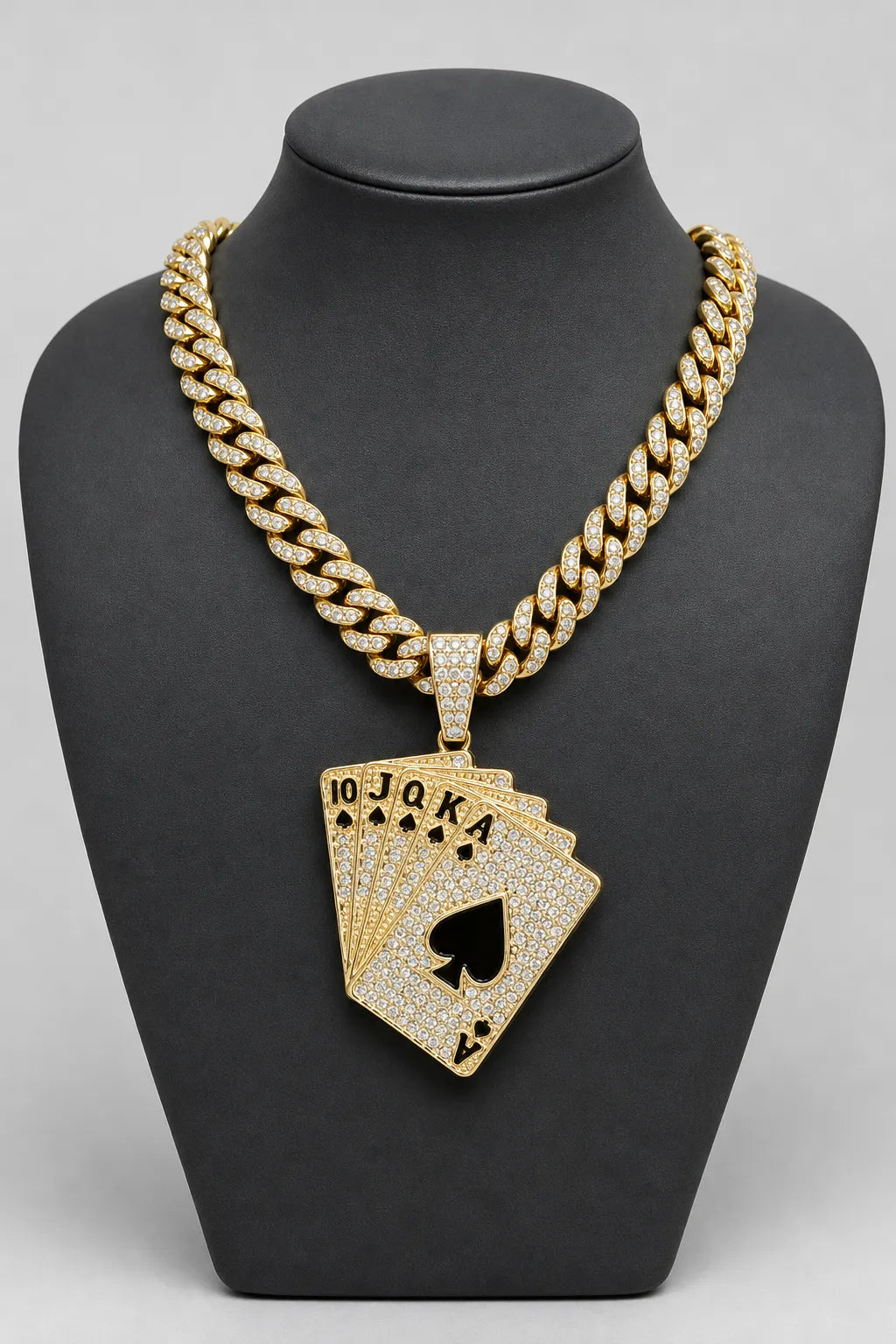 Cuban Chain Playing Card Necklace — stand — Gold-tone