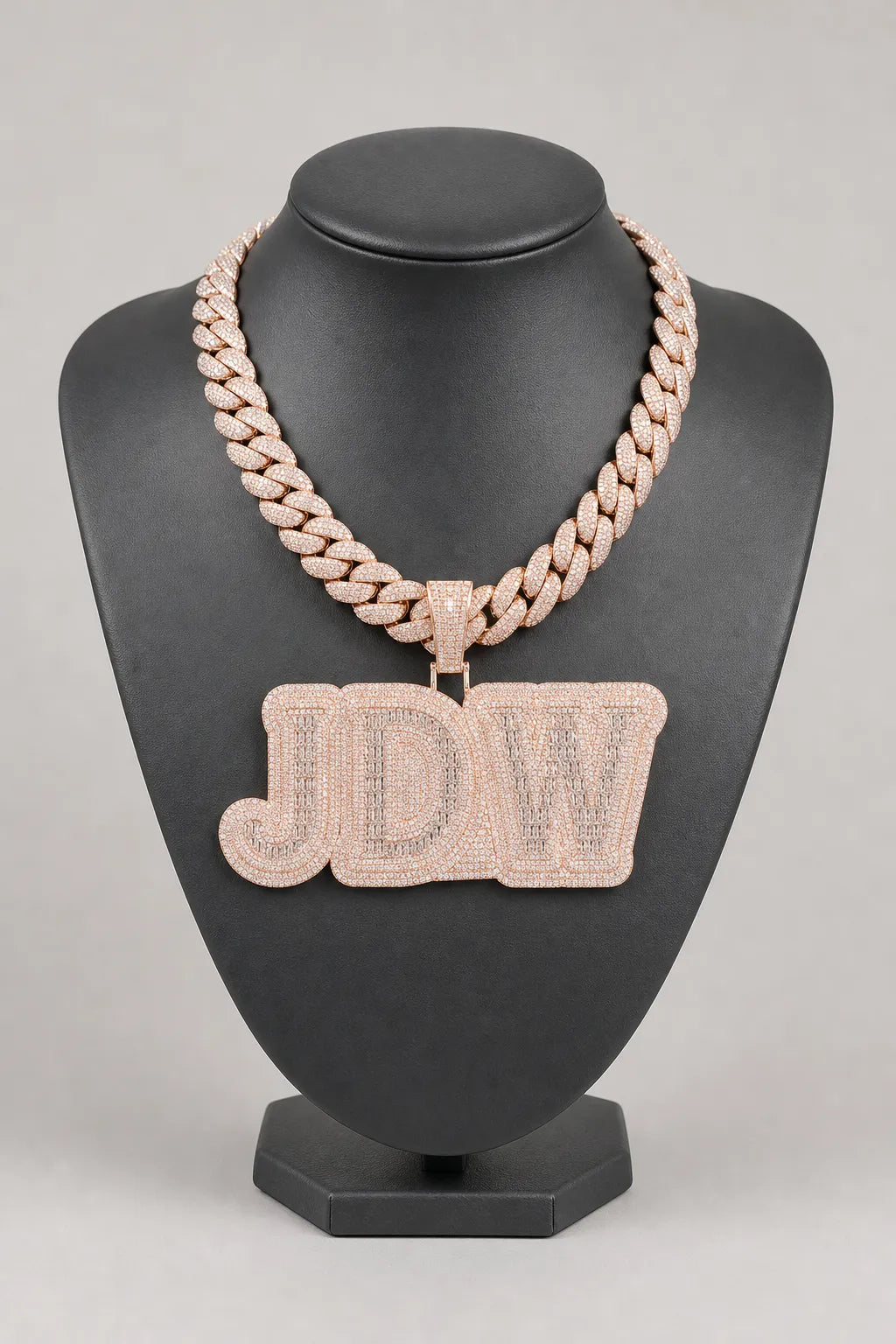 Cuban Link Chain Letter Pendant Necklace — stand — Rose Gold