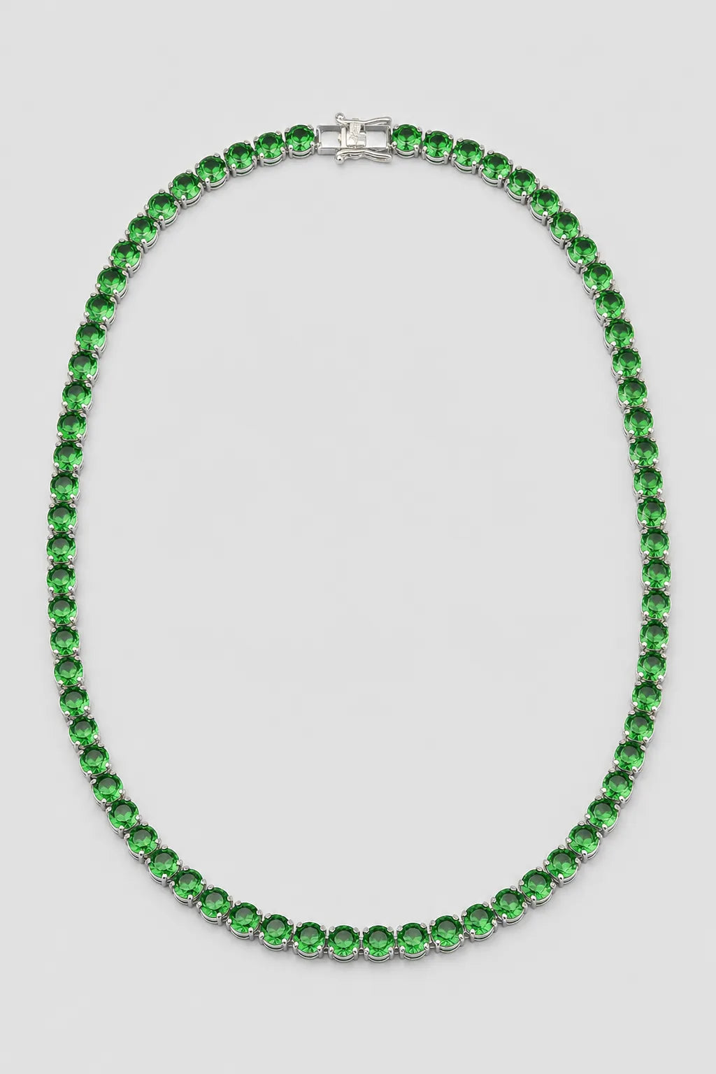 Green Tennis Chain Necklace — Silver‑Tone, 18–24 inch — presentation — silver‑tone with green stones