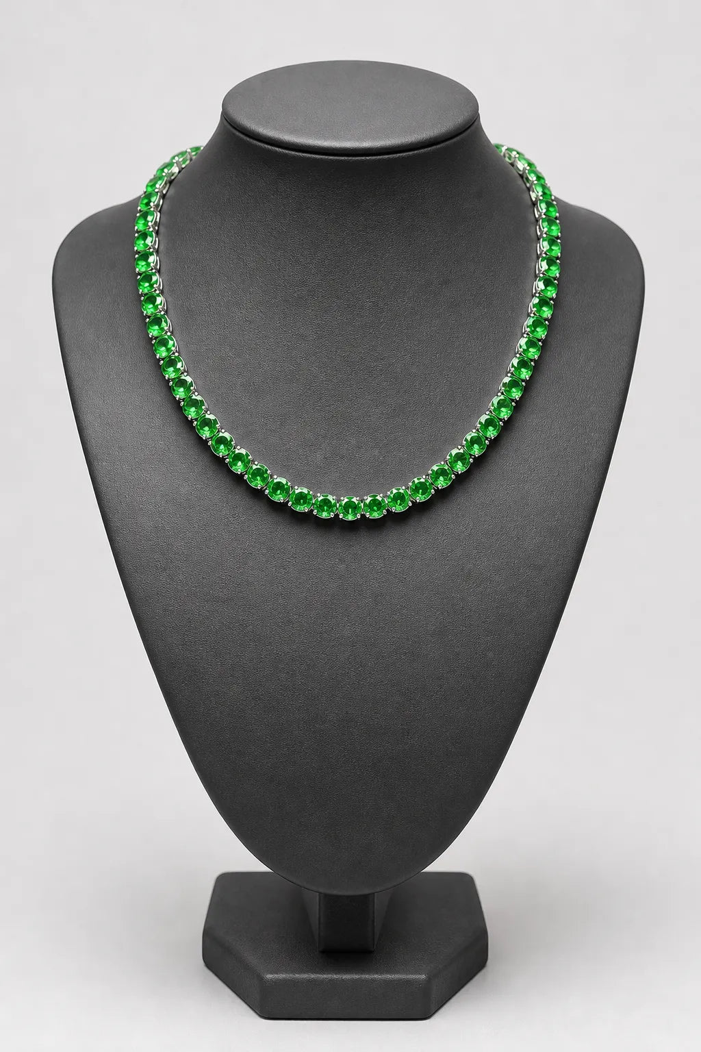 Green Tennis Chain Necklace — Silver‑Tone, 18–24 inch — stand — silver‑tone with green stones