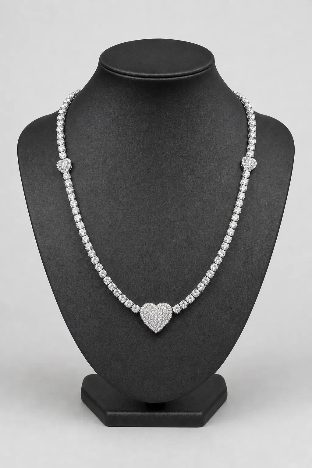 Heart Tennis Chain Necklace — stand — silver-tone