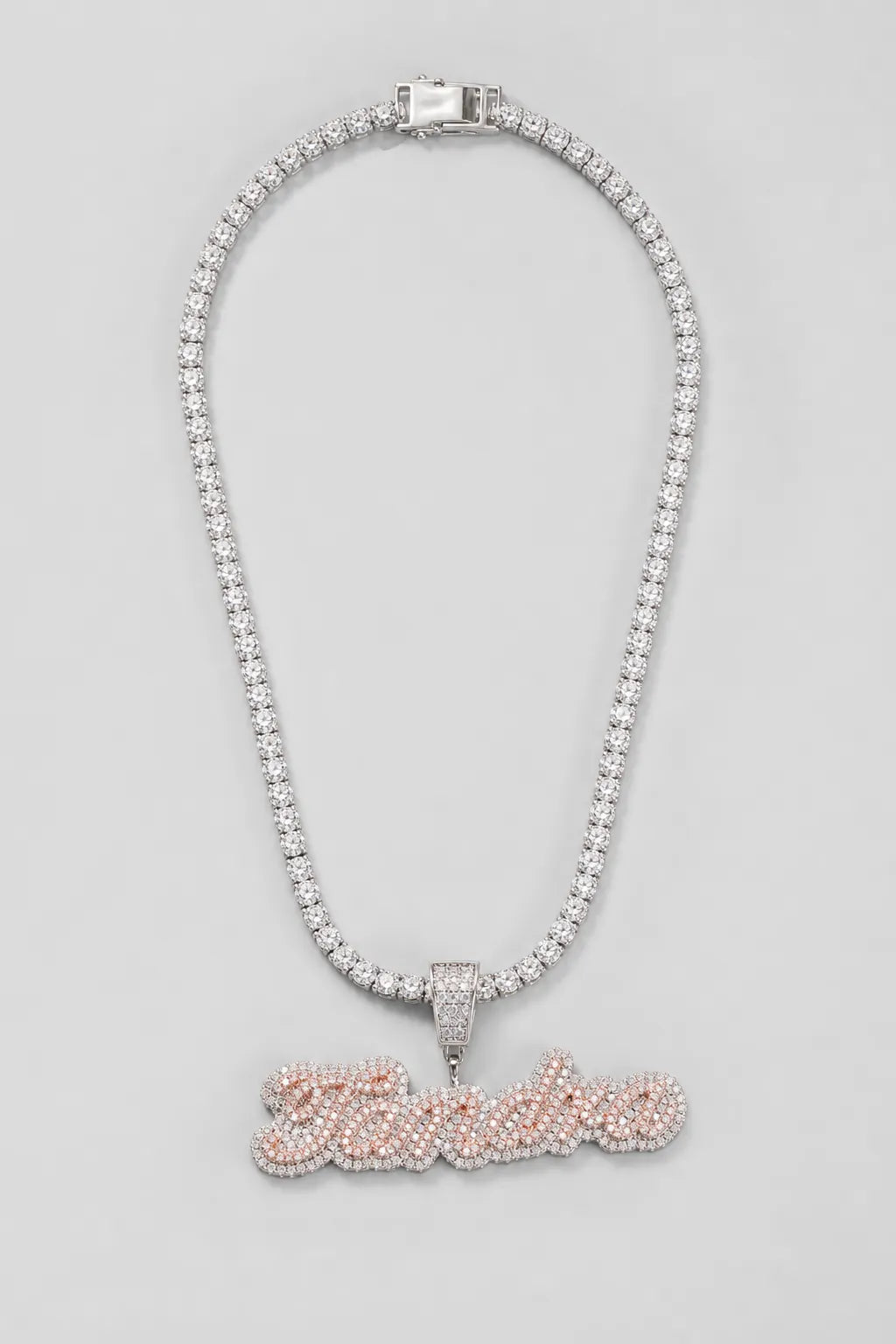 Custom Tennis Chain — Personalized Name Pendant — presentation — Gold & Pink
