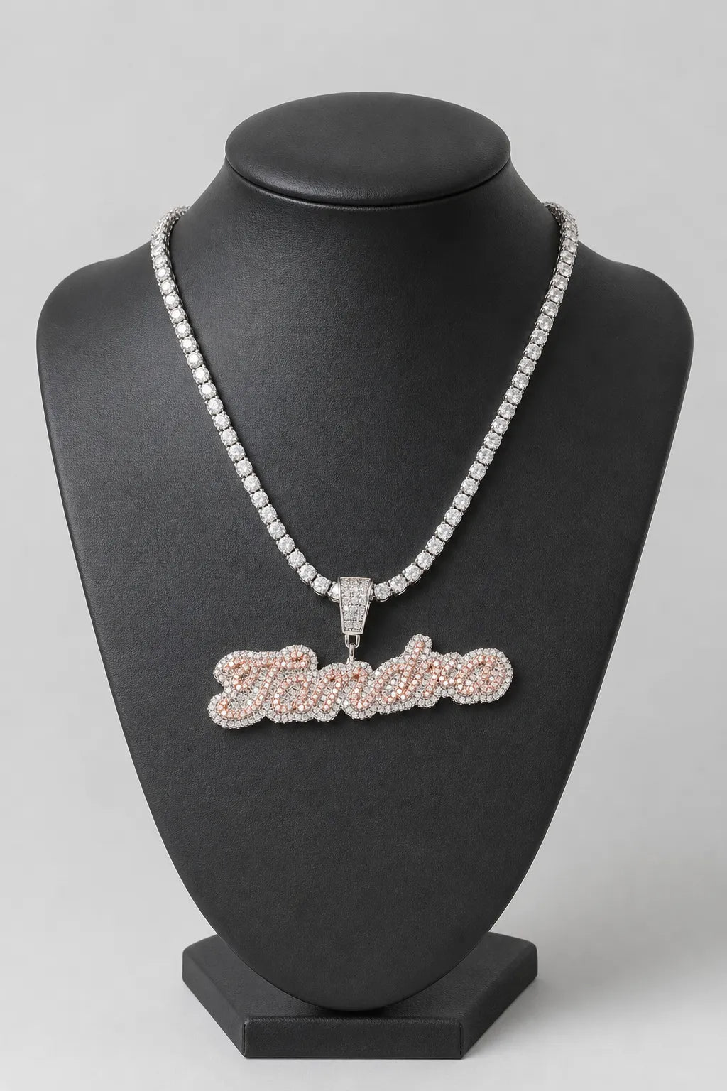 Custom Tennis Chain — Personalized Name Pendant — stand — Gold & Pink