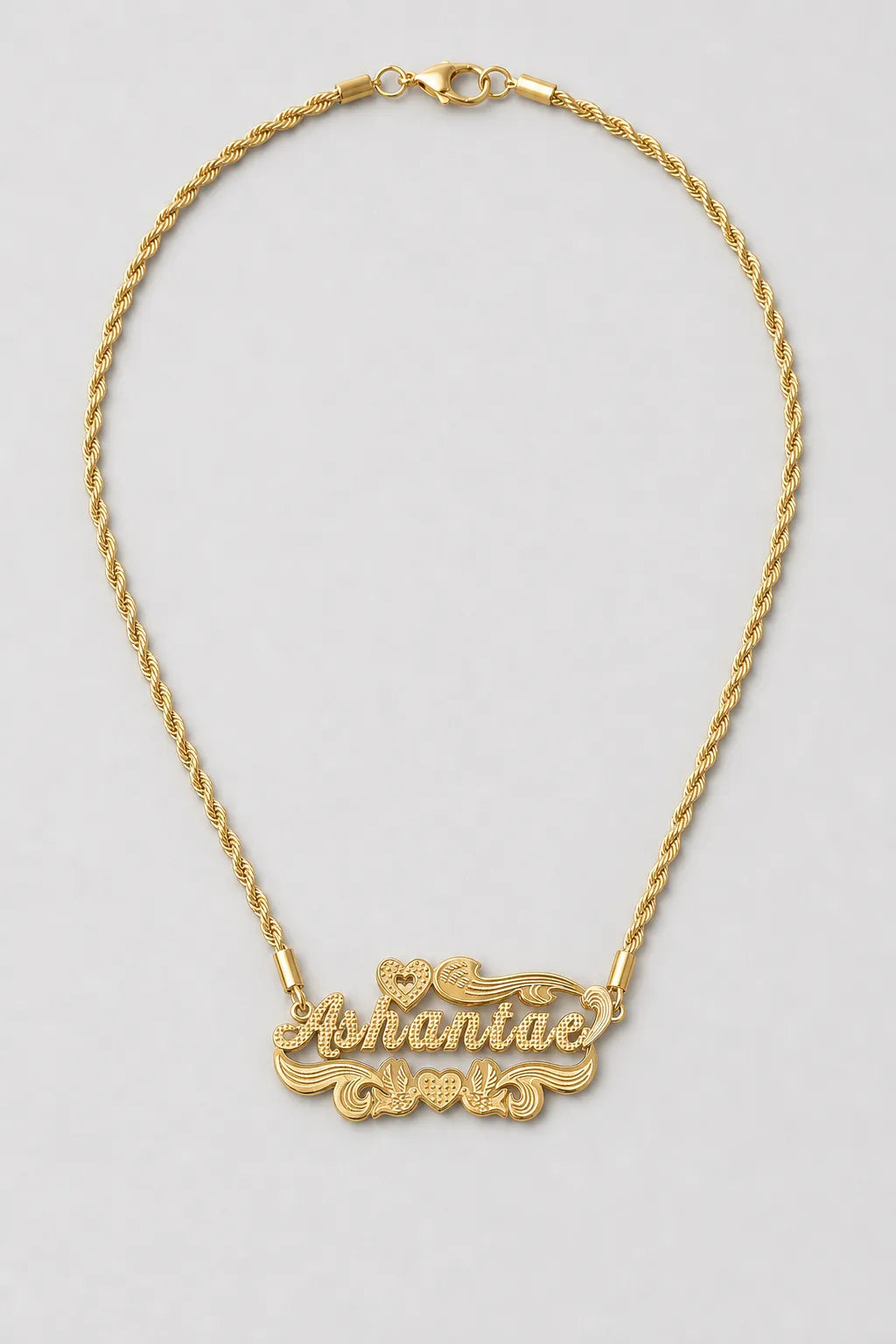 90s Name Chain — Custom Script Nameplate Necklace — presentation — Gold-tone