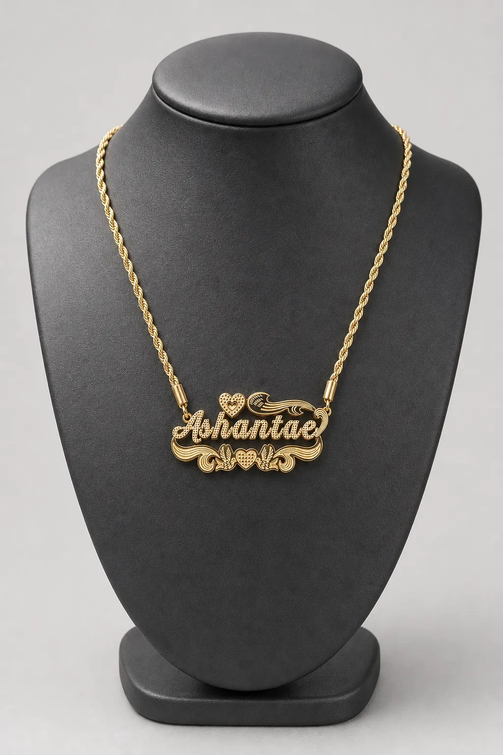 90s Name Chain — Custom Script Nameplate Necklace — stand — Gold-tone