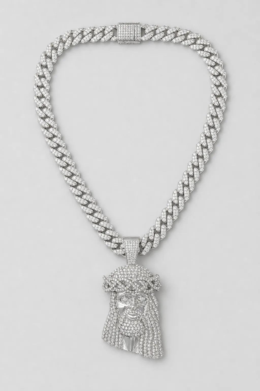 Jesus Cuban Chain - Silver-tone Jesus Pendant Necklace — presentation — Silver-tone