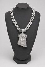 Jesus Cuban Chain - Silver-tone Jesus Pendant Necklace — stand — Silver-tone