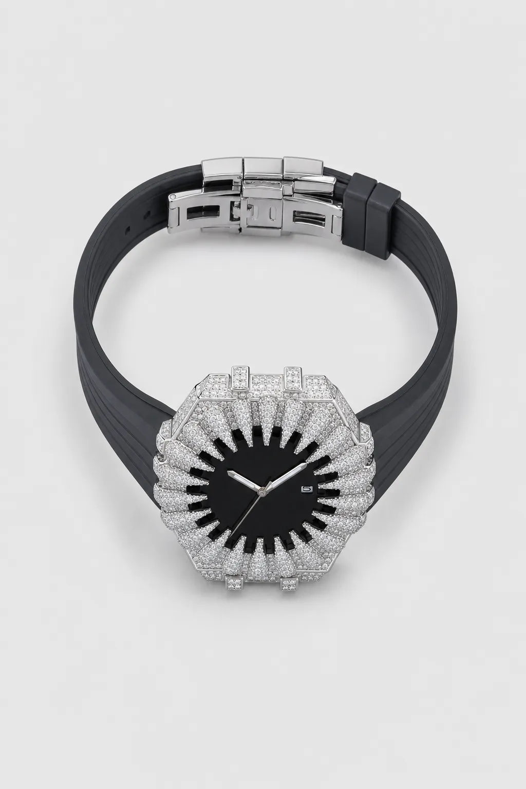 Claw Watch — Sunburst Crystal Bezel Silicone Strap — presentation — Silver-tone pavé case / Black dial (V389 SilverBlack)