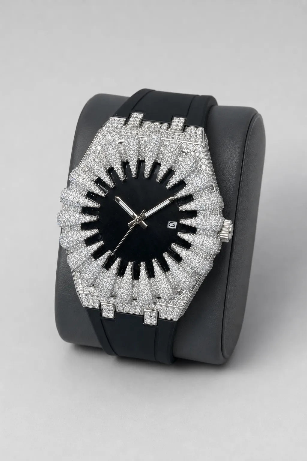 Claw Watch — Sunburst Crystal Bezel Silicone Strap — stand — Silver-tone pavé case / Black dial (V389 SilverBlack)