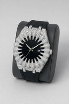 Claw Watch — Sunburst Crystal Bezel Silicone Strap — stand — Silver-tone pavé case / Black dial (V389 SilverBlack)