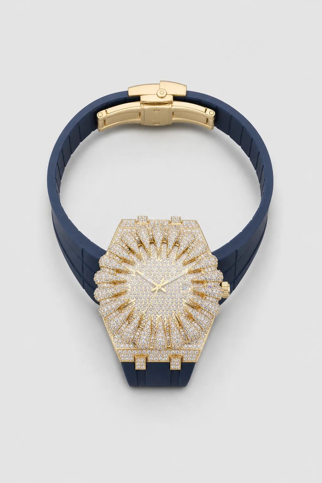 Claw Watch — Sunburst Crystal Bezel Silicone Strap — variant — Gold-tone pavé case / Silver dial (V389 Gold)