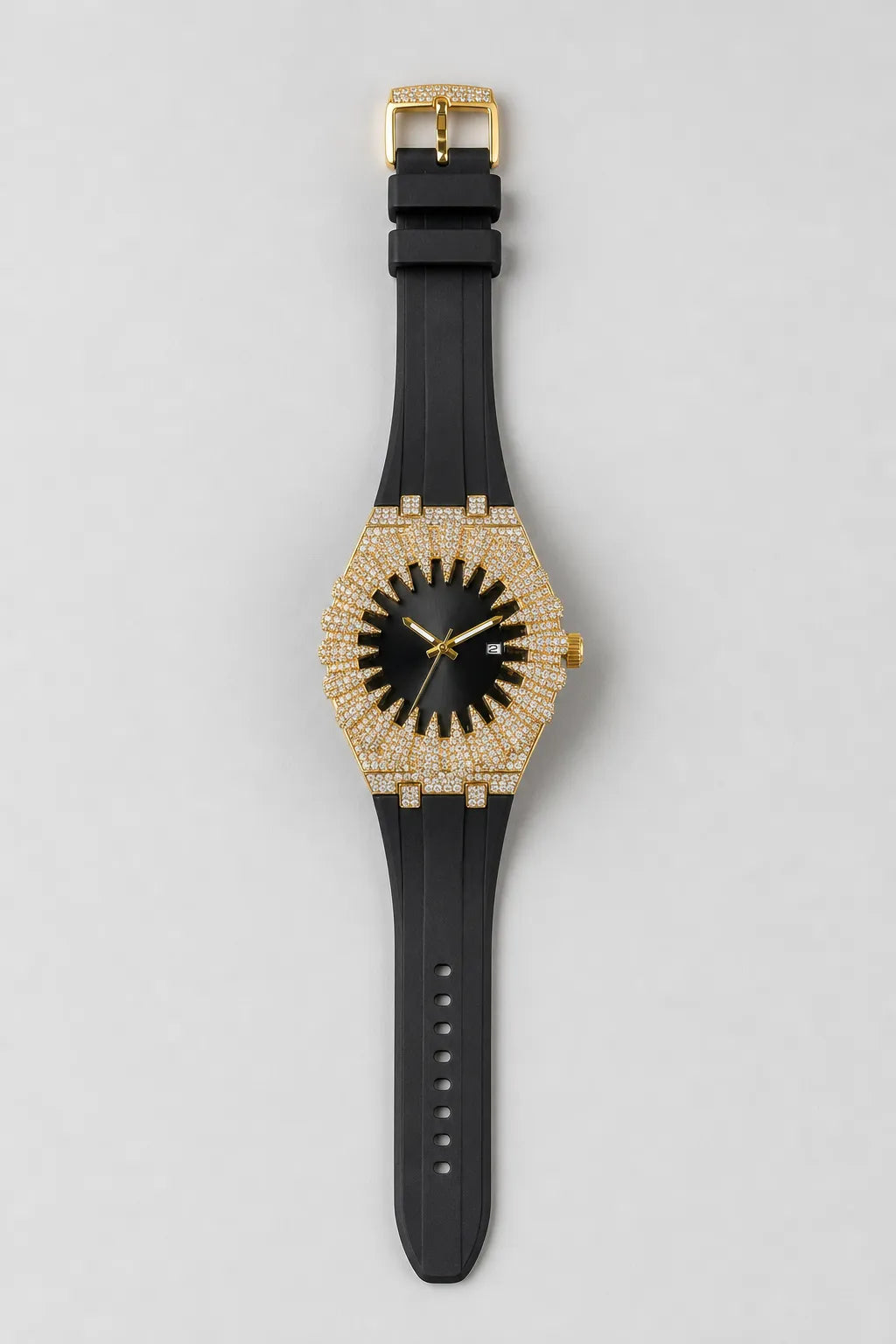 Claw Watch — Sunburst Crystal Bezel Silicone Strap — variant — Gold-tone pavé case / Black dial (V389 GoldBlack)