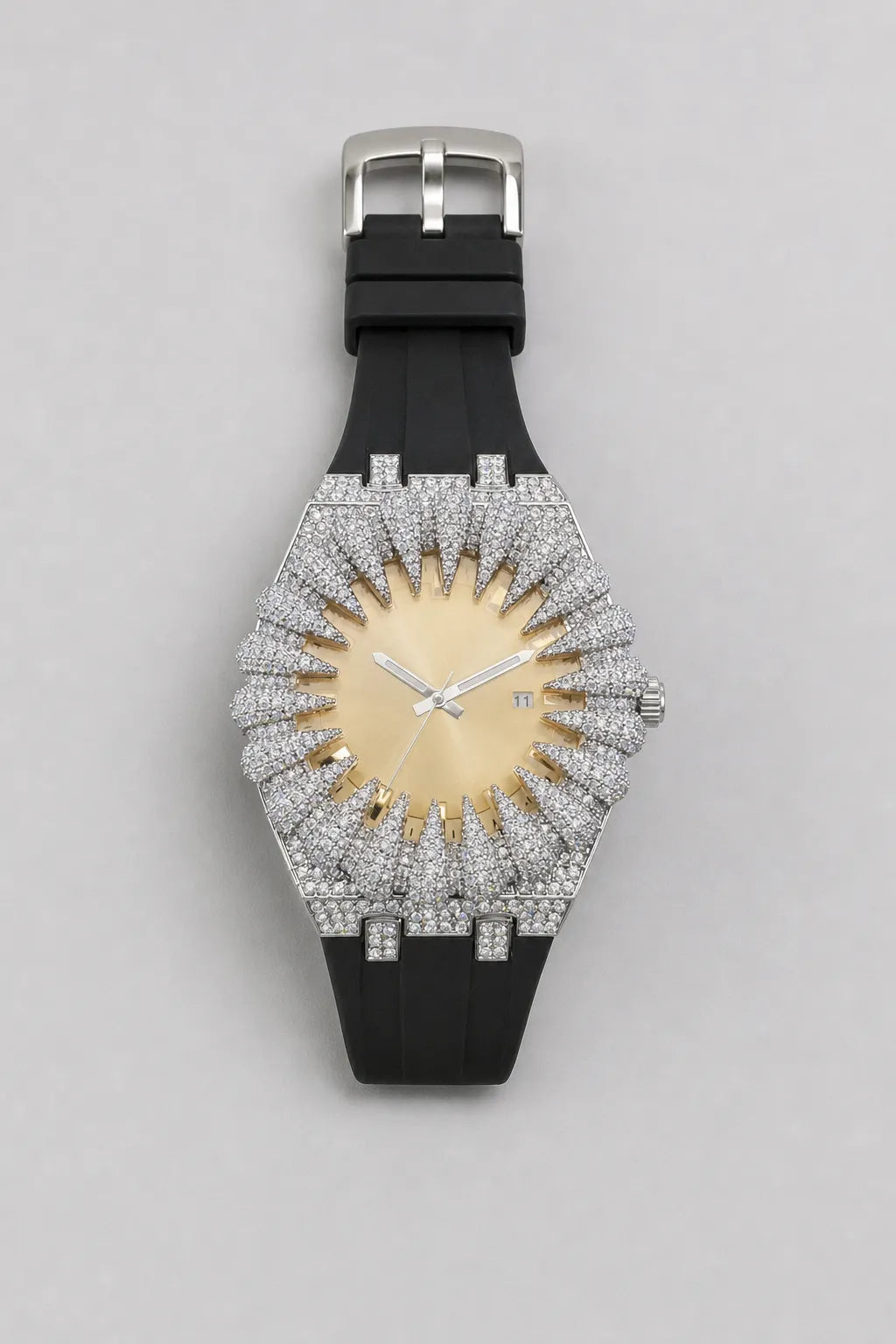 Claw Watch — Sunburst Crystal Bezel Silicone Strap — variant — Silver-tone pavé case / Gold-accent dial (V389 SilverGold)