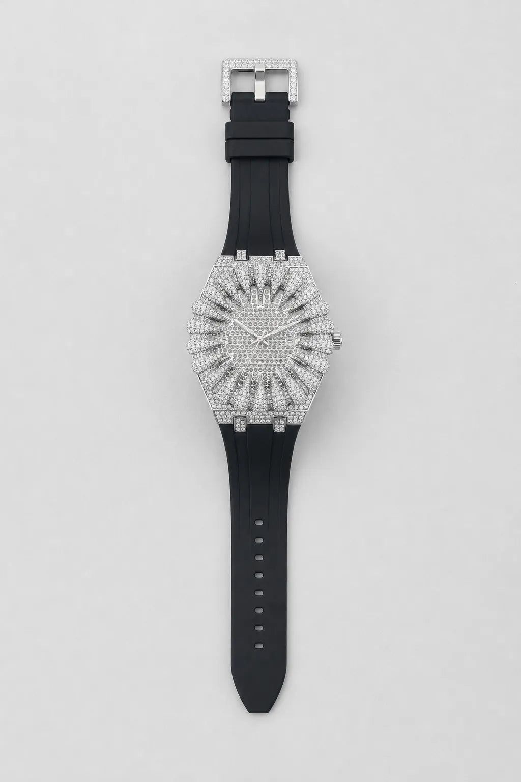 Claw Watch — Sunburst Crystal Bezel Silicone Strap — variant — Silver-tone pavé case / Silver dial (V389 Silver)