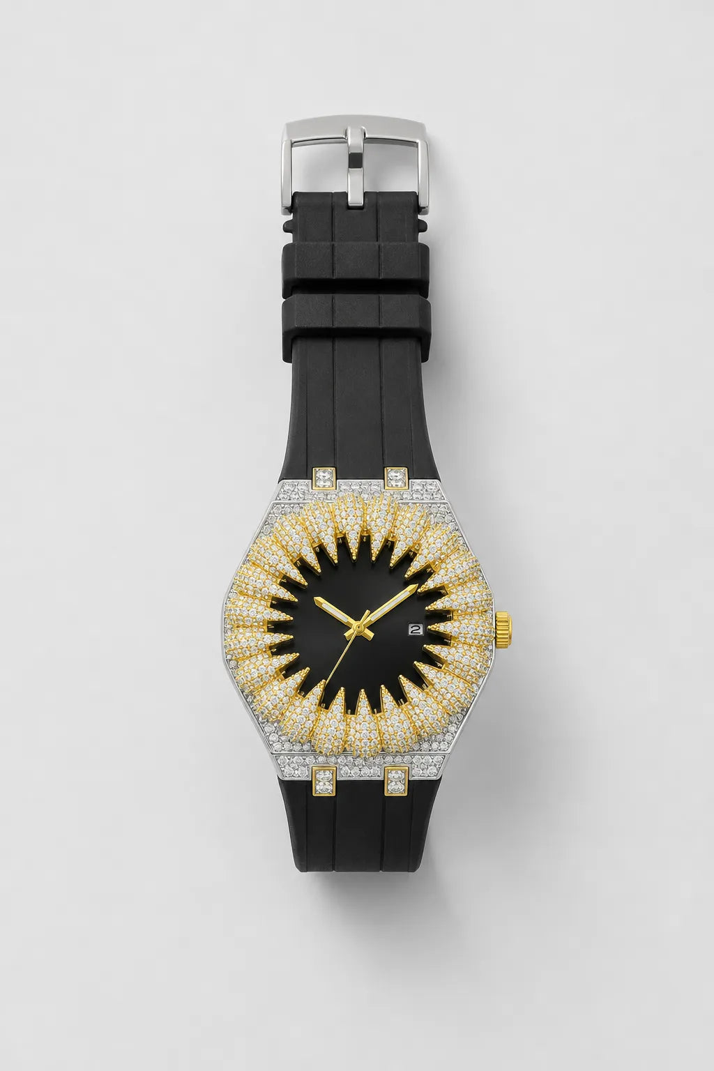 Claw Watch — Sunburst Crystal Bezel Silicone Strap — variant — Silver-tone case with black sunburst dial / GS Black (V389 GS Black)