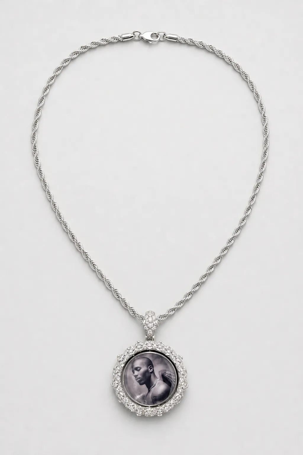 Custom Photo Necklace — Rotating Double‑Sided Pendant — presentation — Silver-tone