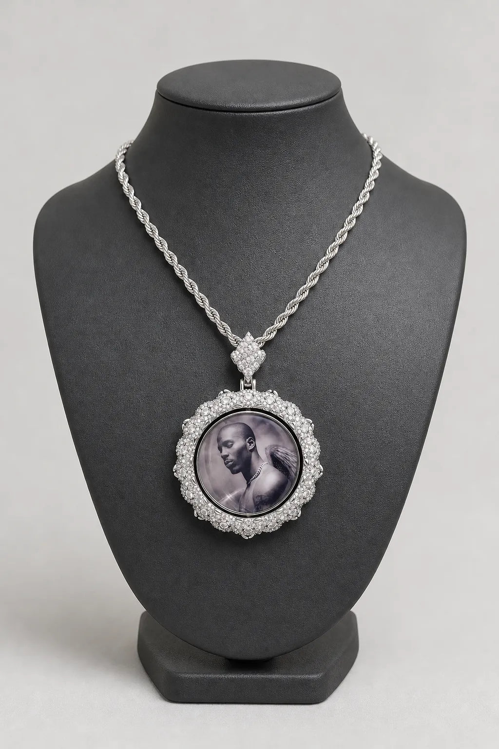 Custom Photo Necklace — Rotating Double‑Sided Pendant — stand — Silver-tone