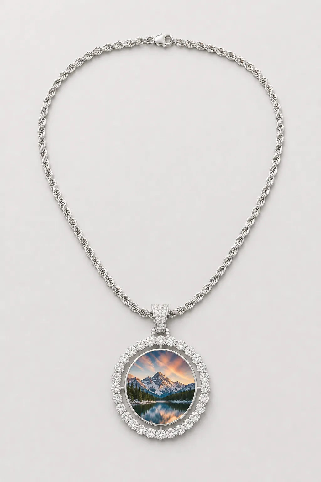Rest in Peace Photo Pendant Necklace - Custom Round Picture Chain — presentation — Silver‑tone