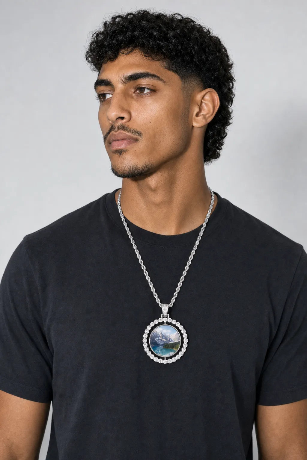 Rest in Peace Photo Pendant Necklace - Custom Round Picture Chain — worn — Silver‑tone