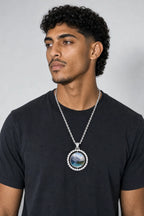 Rest in Peace Photo Pendant Necklace - Custom Round Picture Chain — worn — Silver‑tone