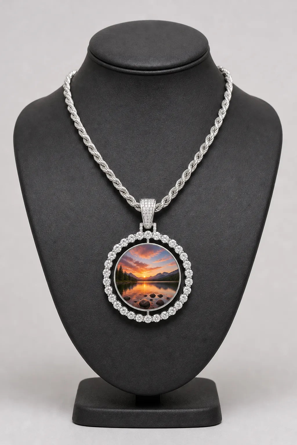 Rest in Peace Photo Pendant Necklace - Custom Round Picture Chain — stand — Silver‑tone