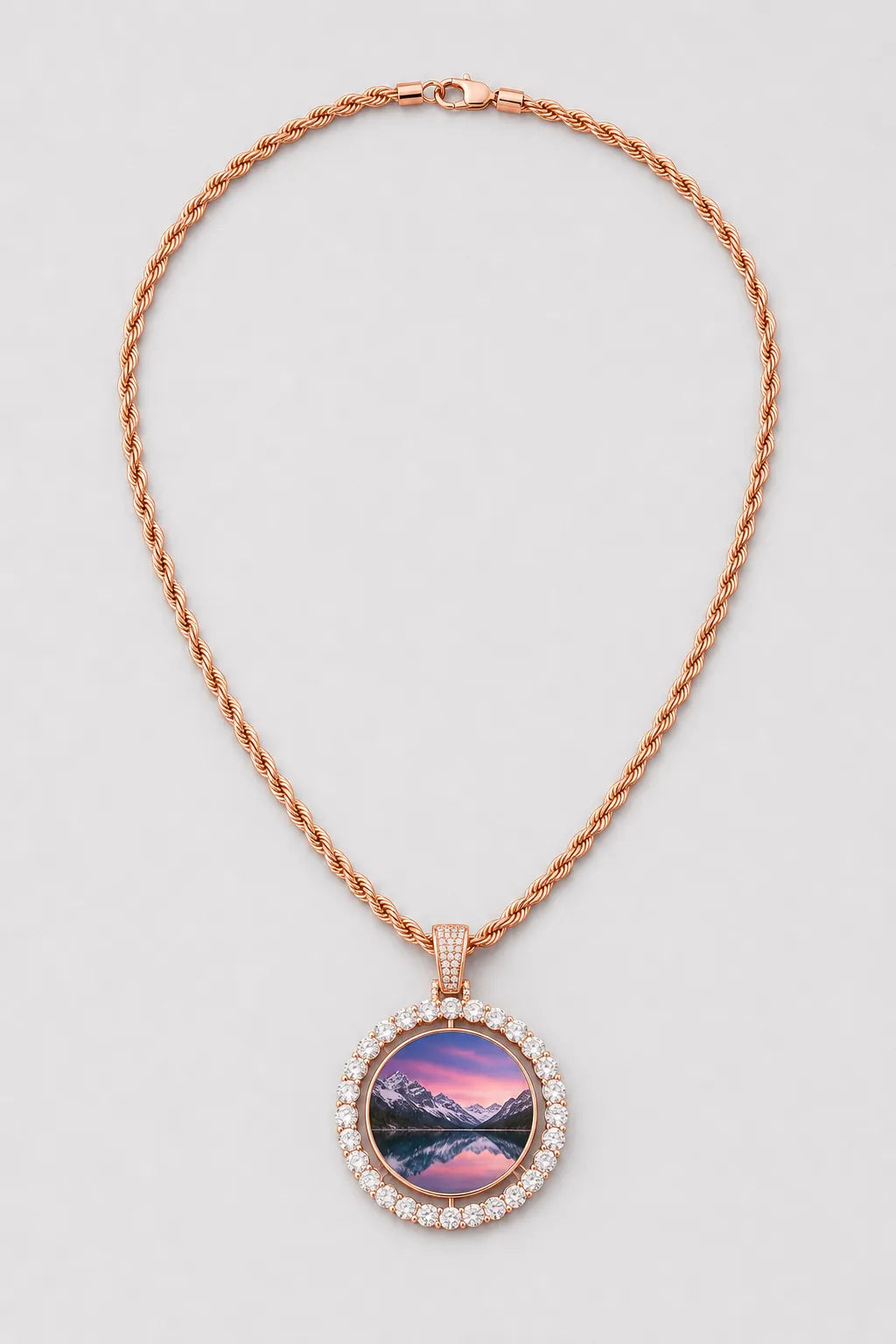 Rest in Peace Photo Pendant Necklace - Custom Round Picture Chain — variant — Rose Gold‑tone