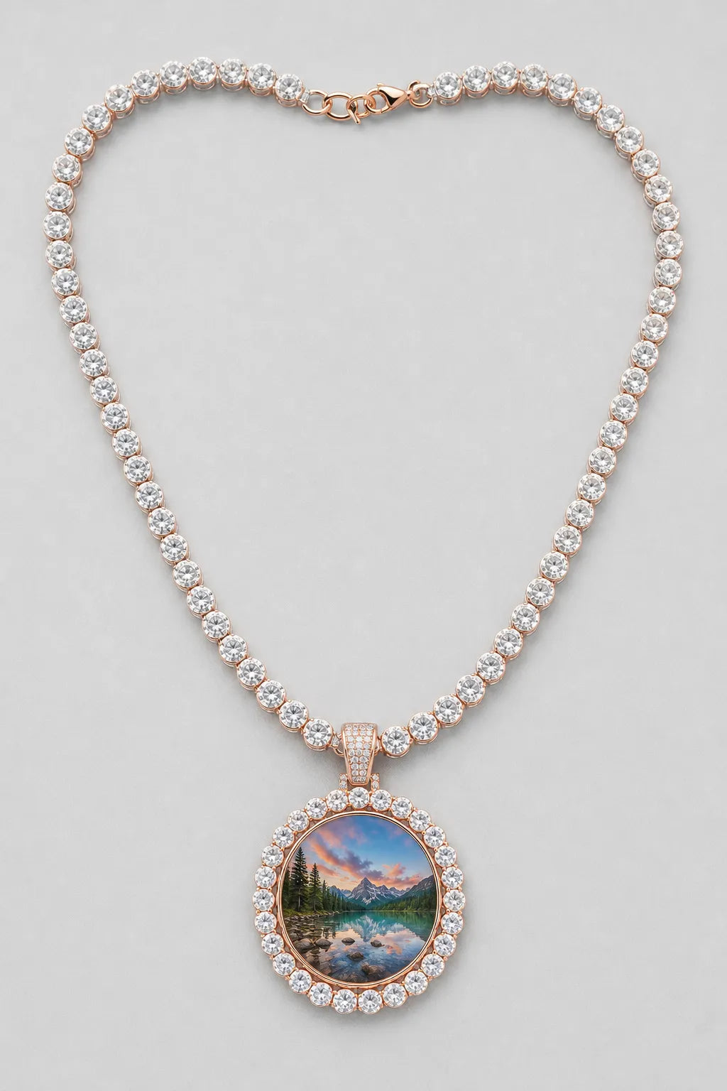 Rest in Peace Photo Pendant Necklace - Custom Round Picture Chain — variant — Rose Gold‑tone