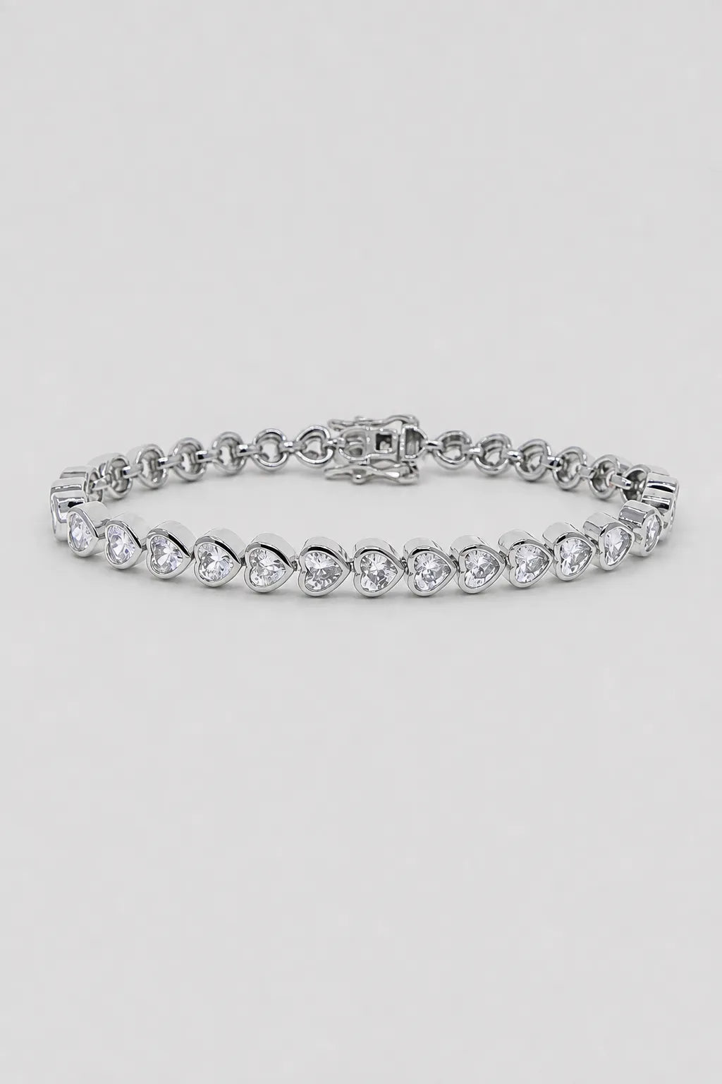 Heart Bezel Tennis Bracelet — Silver-tone with clear stones — colour variant