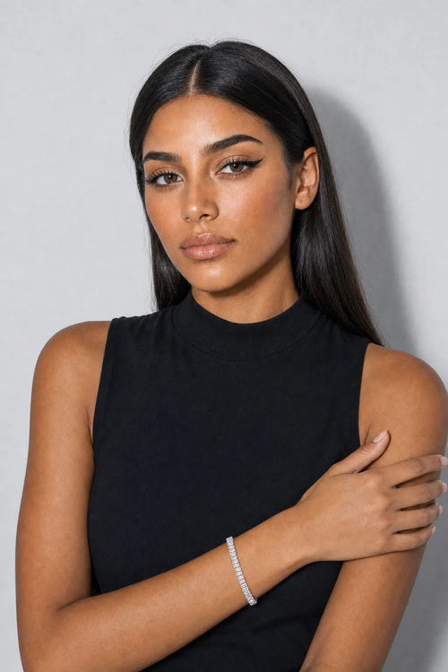Baguette Tennis Bracelet — White A — worn on an adult wrist