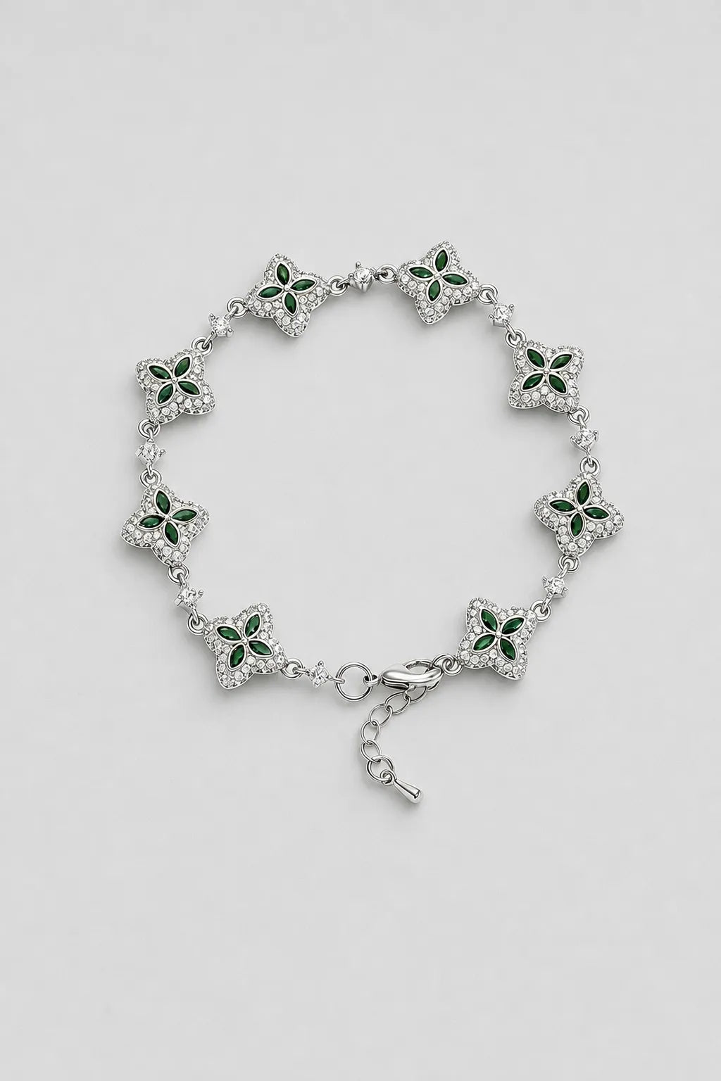 Flower Tennis Bracelet — Silver-tone with green centres — colour variant