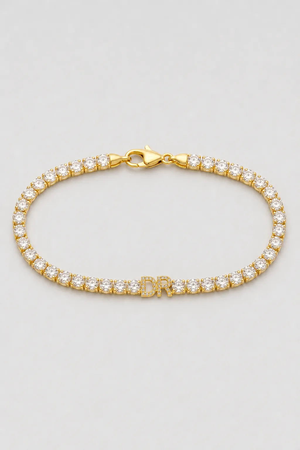 Personalized Tennis Bracelet — Gold-tone with clear stones, DR example — product view